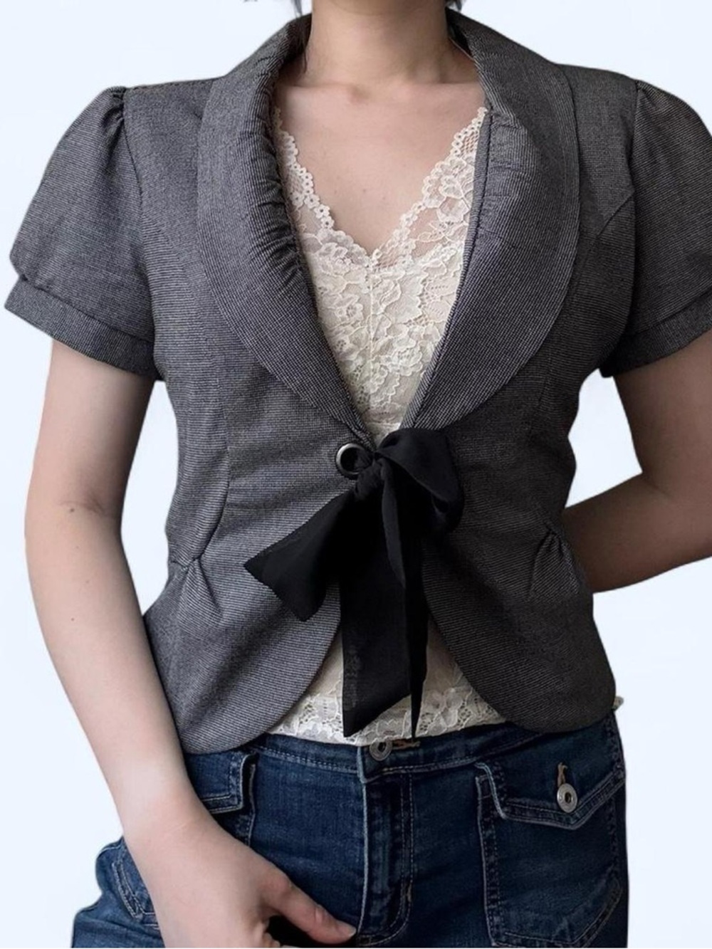 Maurices Grey and black bolero / shrug with clasp and bow tie